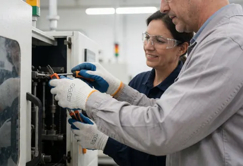 Un technicien et une femme vérifient la machinerie avec des outils, portant gants et lunettes de sécurité dans une usine bien éclairée.