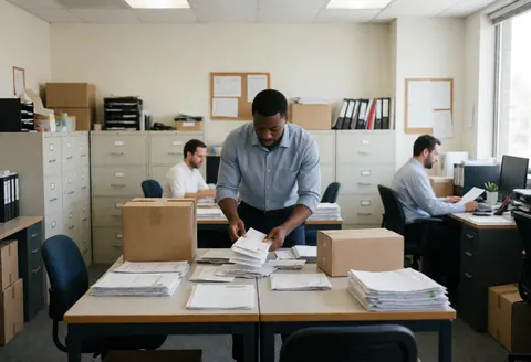 Employé de bureau rangeant courrier et paquets sur une table, entouré de classeurs et documents, avec lumière naturelle par la fenêtre.