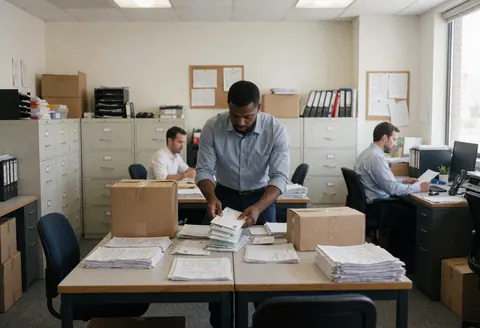 Employé de bureau rangeant courrier et paquets sur une table, entouré de classeurs et documents, avec lumière naturelle par la fenêtre.