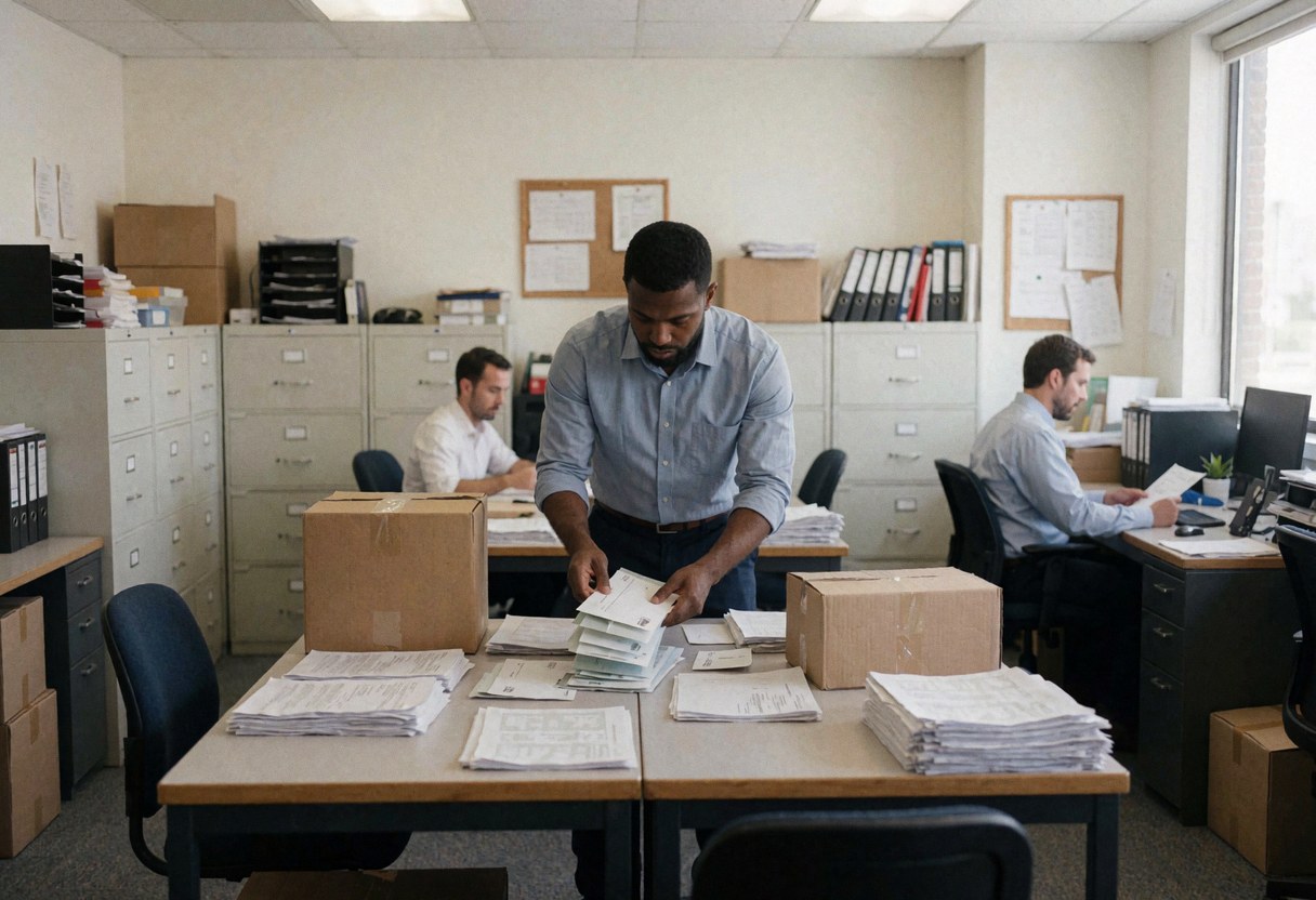 Employé de bureau rangeant courrier et paquets sur une table, entouré de classeurs et documents, avec lumière naturelle par la fenêtre.