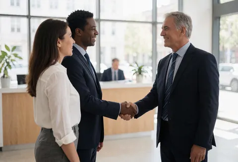 Un conseiller et un client signent un document dans un bureau moderne. Ils portent des vêtements formels, sourient et partagent un moment de confiance et de satisfaction professionnelle.