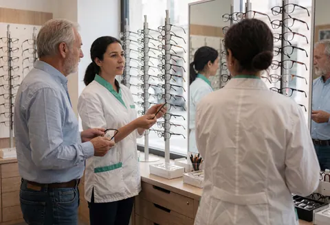Un opticien montre des options de lunettes à un client dans un magasin, avec des étagères de montures et des miroirs en arrière-plan.