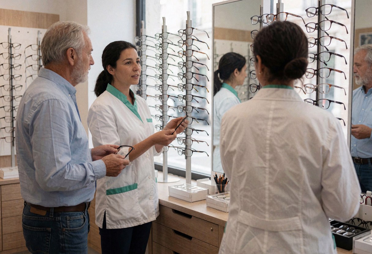 Un opticien montre des options de lunettes à un client dans un magasin, avec des étagères de montures et des miroirs en arrière-plan.