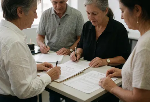 Quatre personnes signent des documents dans un bureau, travaillant en équipe avec des papiers et des stylos, dans un environnement professionnel et collaboratif.