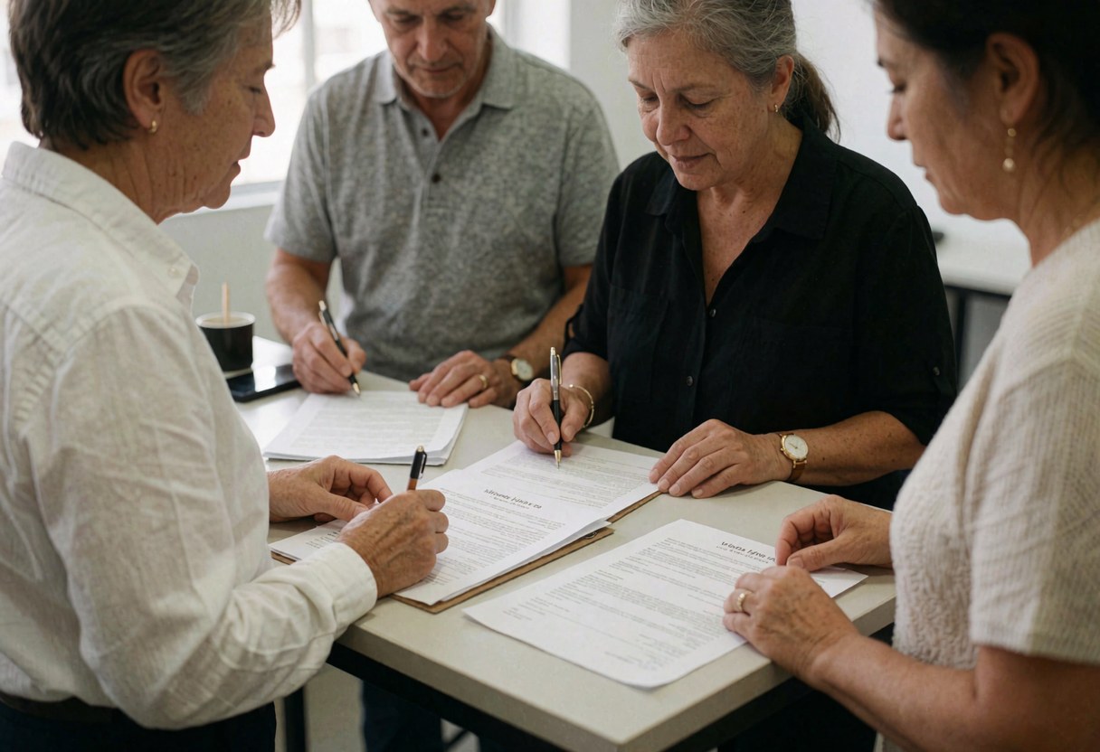 Quatre personnes signent des documents dans un bureau, travaillant en équipe avec des papiers et des stylos, dans un environnement professionnel et collaboratif.