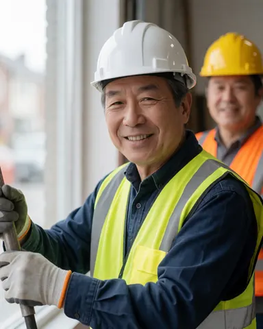 Un installateur souriant portant un casque blanc et un gilet réfléchissant, tenant une outil près d'une fenêtre, avec un collègue en arrière-plan dans un environnement de travail sûr.