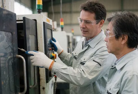 Un technicien en uniforme explique le fonctionnement d'une machine à un client dans une usine.