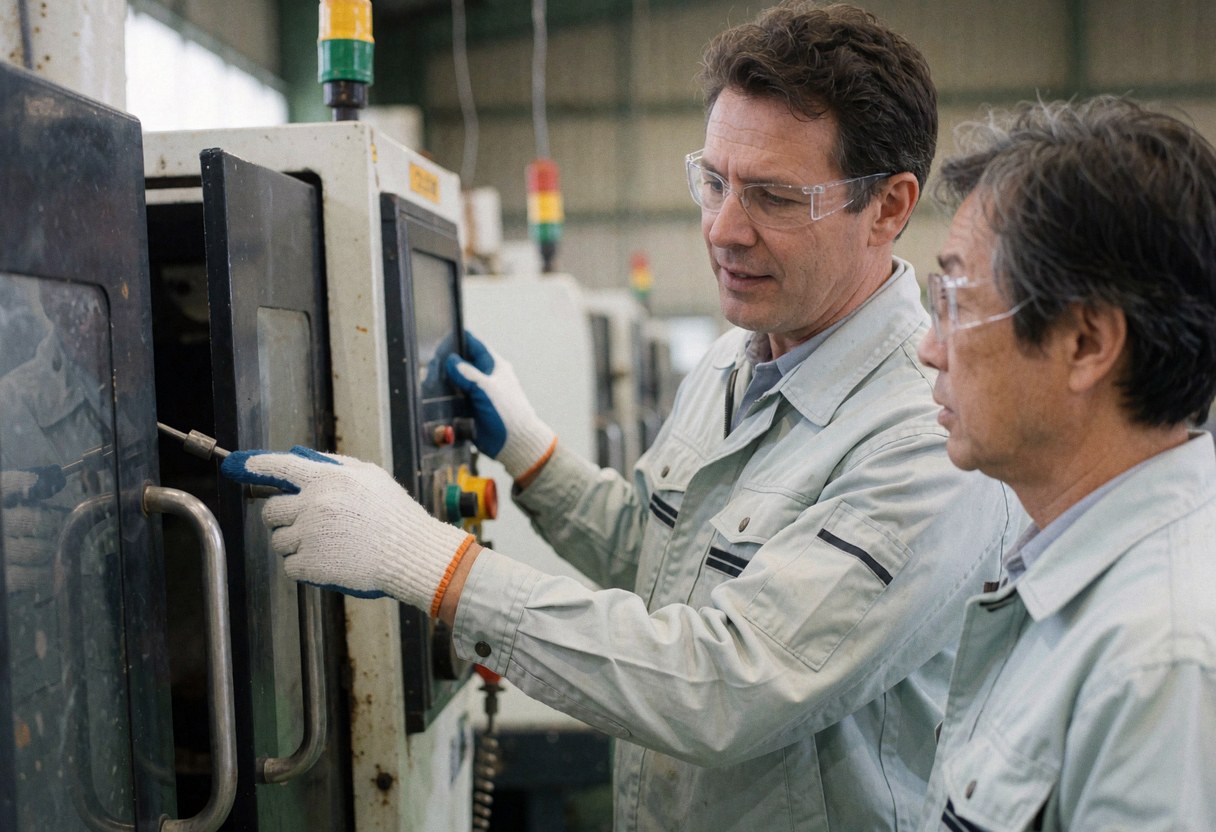 Un technicien en uniforme explique le fonctionnement d'une machine à un client dans une usine.