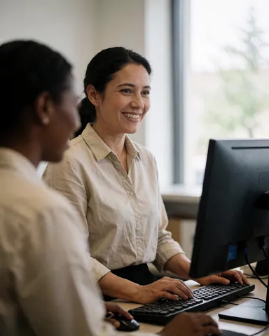 Réceptionniste souriante travaillant sur ordinateur dans un bureau moderne avec lumière naturelle, vêtue d'une blouse, assise devant un écran.