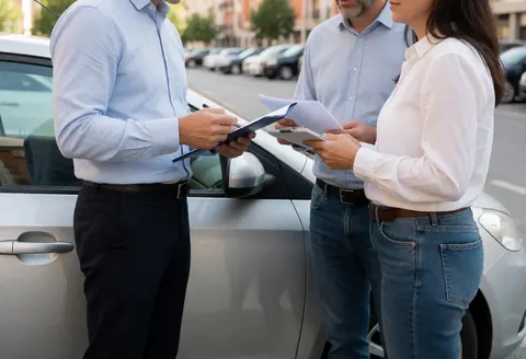 Un agent professionnel en jeans discute avec un client lors d'une révision de police automobile dans un parking urbain.