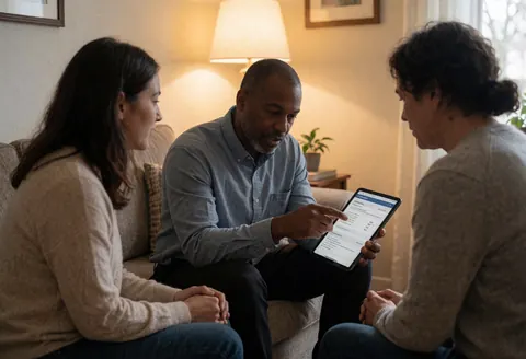 Un agent explique une police d'assurance sur une tablette à un couple assis dans un salon lumineux avec plante en arrière-plan, illustrant un service professionnel en action.