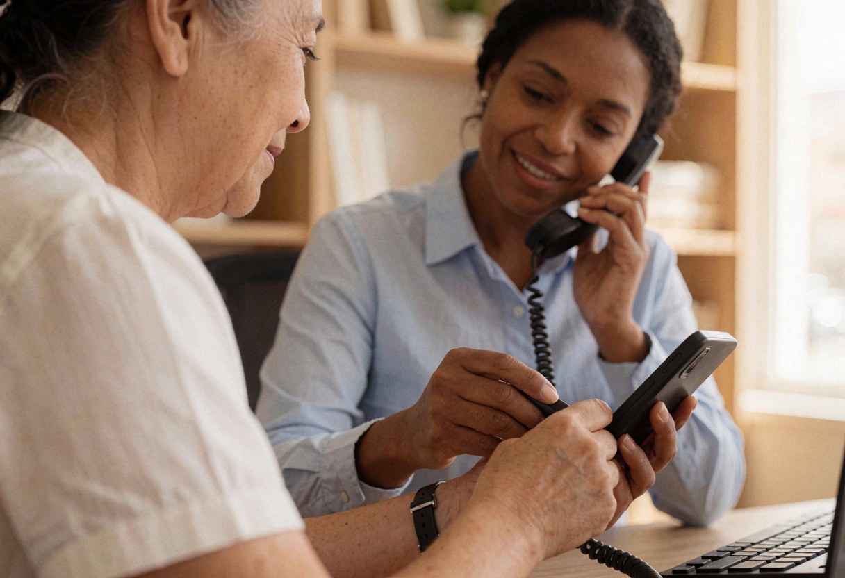 Un agent de service client aide une cliente âgée par téléphone. Elles sont souriantes et concentrées dans un bureau lumineux avec des étagères en bois.