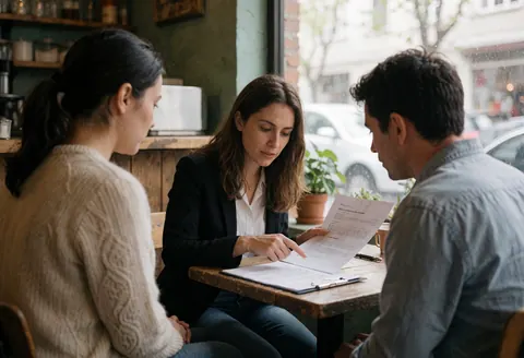 Un consultant professionnel explique les termes d'un document contractuel à un client lors d'une réunion en intérieur, dans un cadre de travail naturel et lumineux.