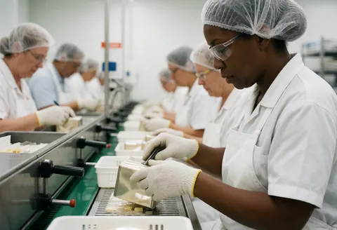 Des ouvriers en usine d'aliments emballent des produits sur une chaîne de production avec gants et lunettes de sécurité.