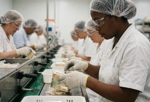 Des ouvriers en usine d'aliments emballent des produits sur une chaîne de production avec gants et lunettes de sécurité.
