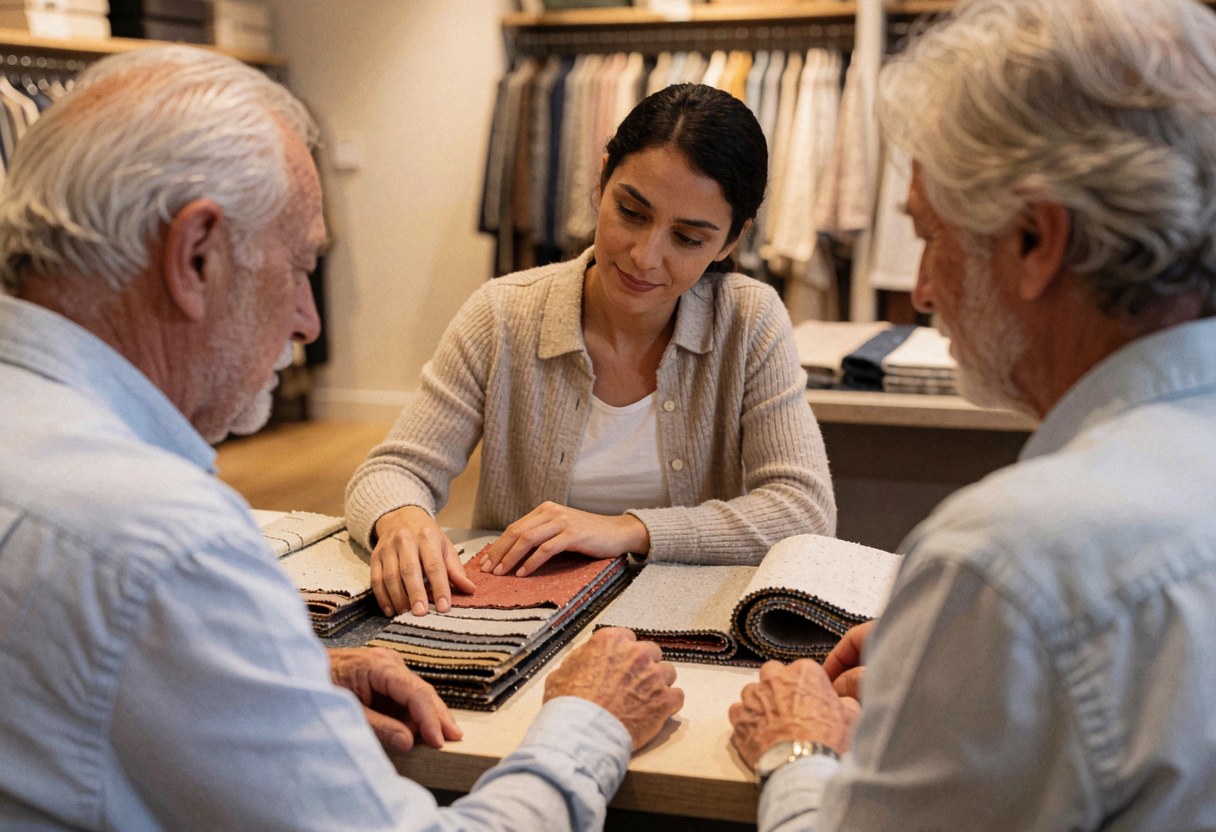 Une vendeuse en magasin de meubles montre des échantillons de tissus à deux clients âgés assis à une table dans un cadre professionnel.