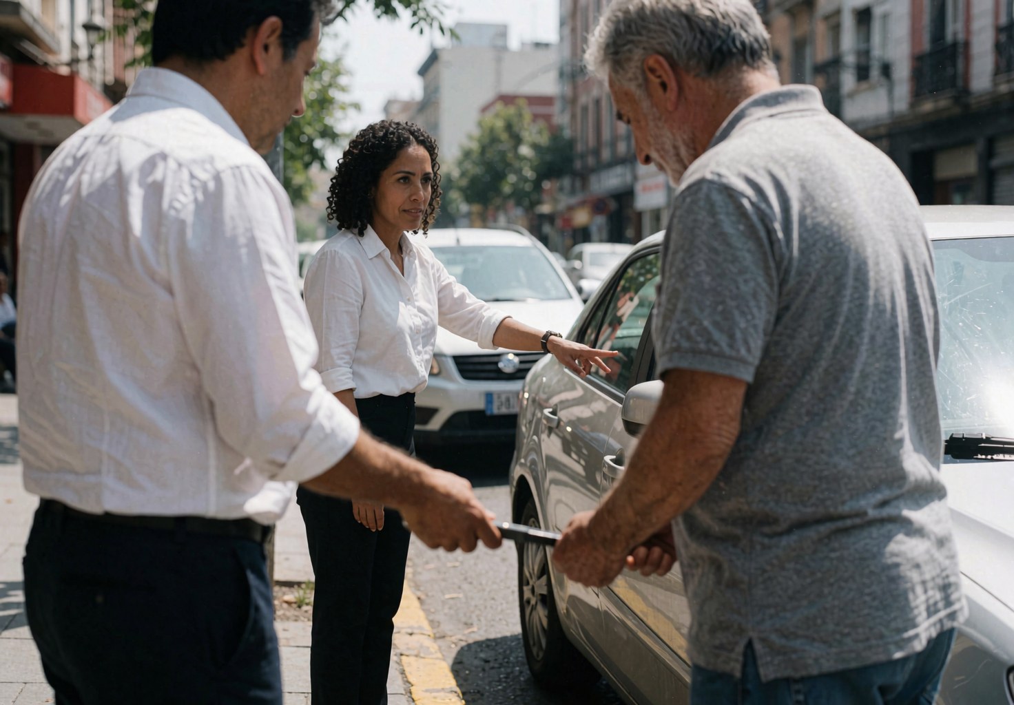 Une instructrice de code de la route guide un élève pour se garer sur une rue urbaine tandis que deux hommes observent la manœuvre.