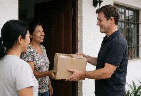 Un livreur remet un paquet à une cliente souriante devant sa maison, illustrant le service de livraison en action.