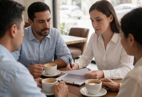 Une conseillère et son client sont assis à une table en bois dans un café, en train de consulter ensemble des documents professionnels.