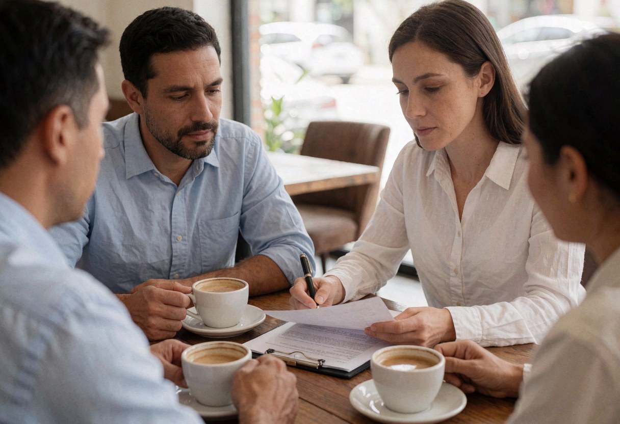 Une conseillère et son client sont assis à une table en bois dans un café, en train de consulter ensemble des documents professionnels.