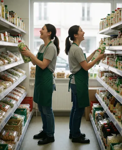 Deux femmes en tenue de travail sourient debout à côté des étagères remplies de produits dans un magasin d'alimentation.