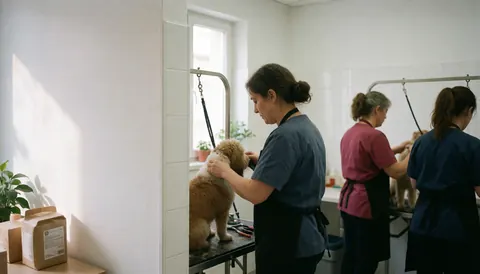Trois professionnelles du toilettage canin travaillent avec des chiens dans un salon lumineux, équipé d'outils et disposant d'un espace vide sur le mur gauche pour ajouter du texte.