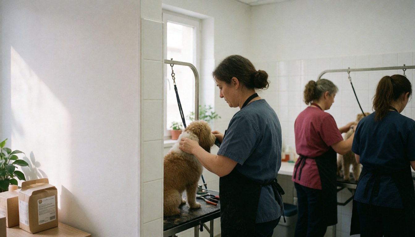 Trois professionnelles du toilettage canin travaillent avec des chiens dans un salon lumineux, équipé d'outils et disposant d'un espace vide sur le mur gauche pour ajouter du texte.