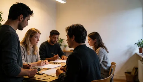 Collaborateurs discutant autour d'une table en bois avec documents et stylos, éclairage chaleureux et espace vide à droite.