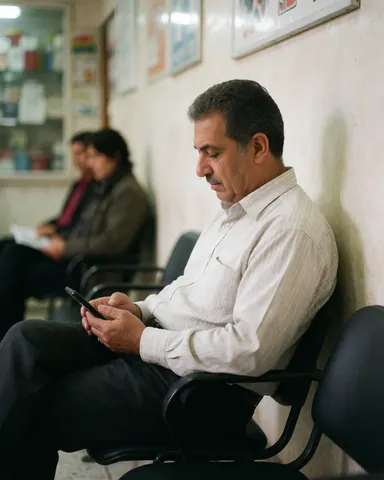 Un homme est assis sur une chaise dans un salon d'attente, tenant un téléphone portable, vêtu de vêtements clairs et sombres.