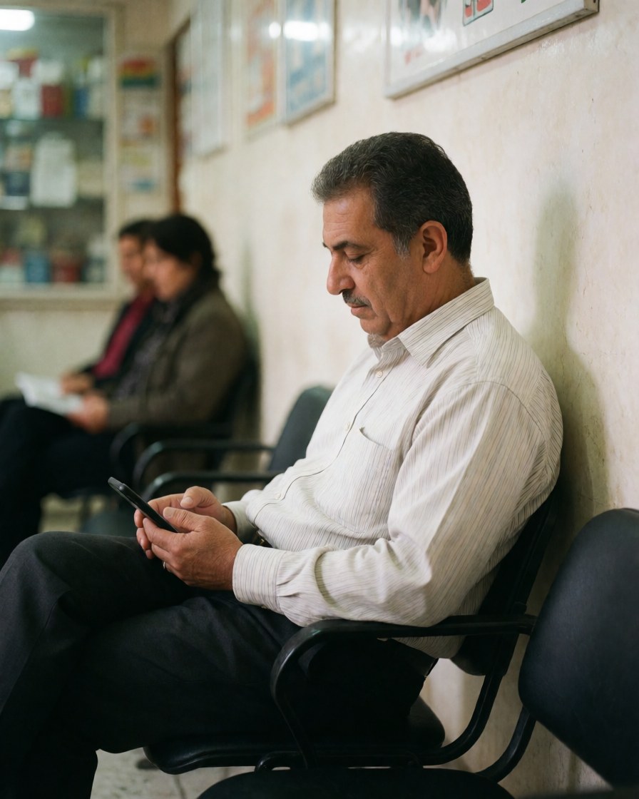 Un homme est assis sur une chaise dans un salon d'attente, tenant un téléphone portable, vêtu de vêtements clairs et sombres.