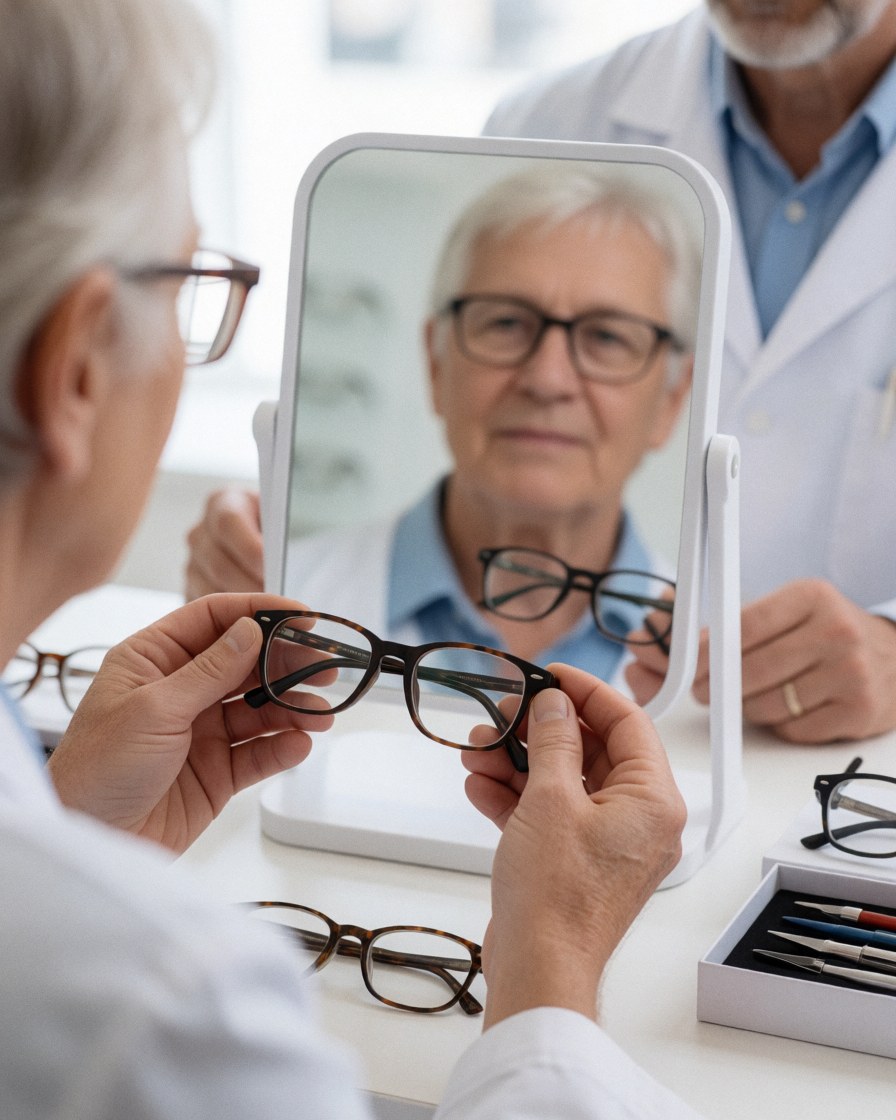Une cliente souriante essaie différentes montures de lunettes en se regardant dans un miroir au sein d'un magasin d'optique.