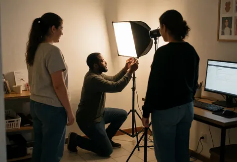 Un photographe règle un éclairage studio pendant que deux femmes observent dans un bureau professionnel avec ordinateur et matériel visible.