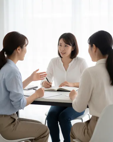 Trois femmes autour d'une table blanche ; l'une écrit dans un cahen tandis que les deux autres discutent avec des gestes, dans un studio éclairé par la lumière naturelle.