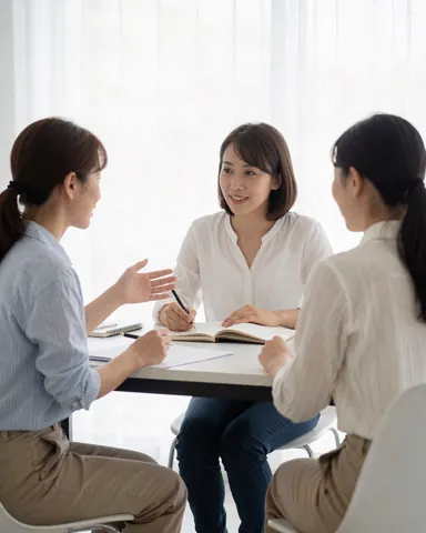 Trois femmes autour d'une table blanche ; l'une écrit dans un cahen tandis que les deux autres discutent avec des gestes, dans un studio éclairé par la lumière naturelle.