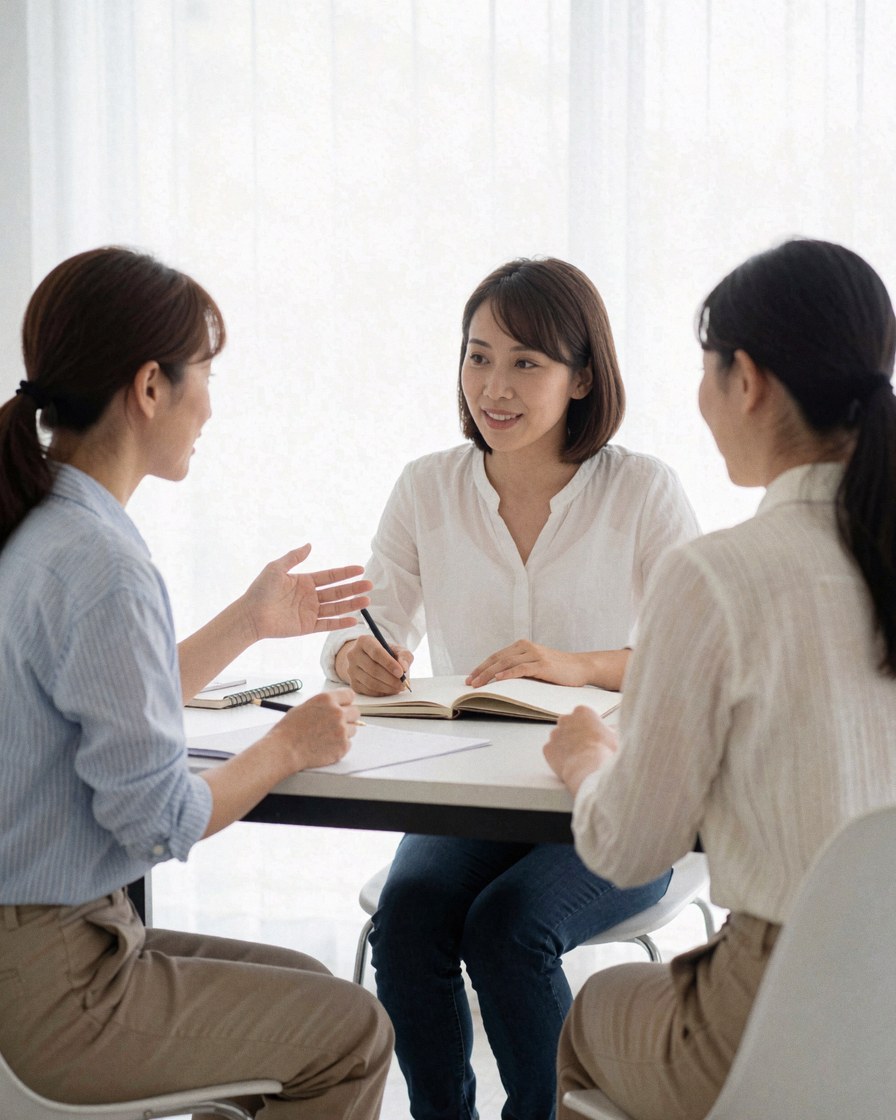 Trois femmes autour d'une table blanche ; l'une écrit dans un cahen tandis que les deux autres discutent avec des gestes, dans un studio éclairé par la lumière naturelle.