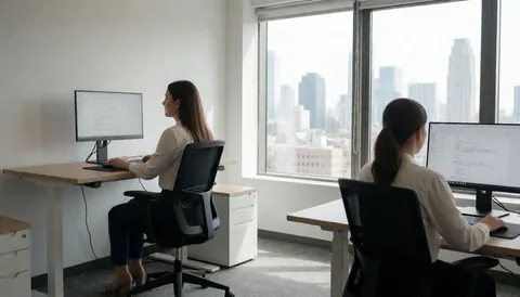 Deux analystes utilisent leurs ordinateurs dans un bureau moderne lumineux offrant une vue urbaine, créant une ambiance professionnelle et épurée.