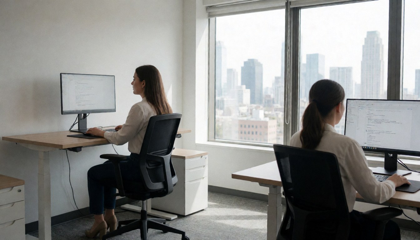 Deux analystes utilisent leurs ordinateurs dans un bureau moderne lumineux offrant une vue urbaine, créant une ambiance professionnelle et épurée.