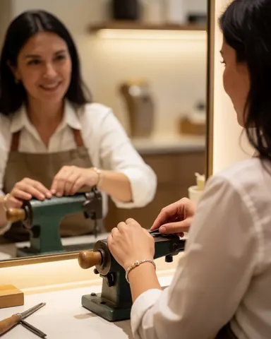 Un artisan joaillier utilise un outil sur un bracelet en regardant son reflet dans un miroir, entouré d'outils de travail et baigné d'une lumière chaude.
