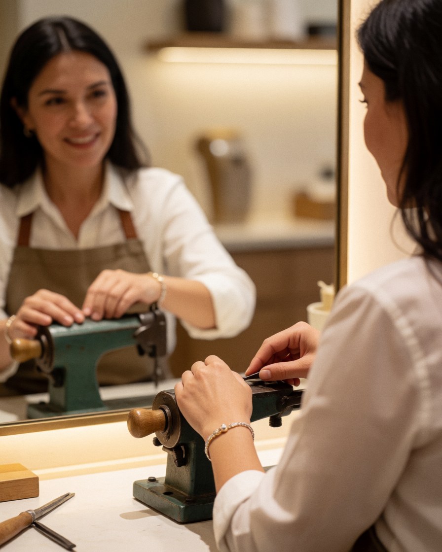 Un artisan joaillier utilise un outil sur un bracelet en regardant son reflet dans un miroir, entouré d'outils de travail et baigné d'une lumière chaude.