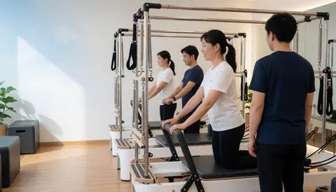 Groupe de personnes faisant du pilates sur des reformers dans un studio moderne lumineux aux murs blancs, avec une femme au premier plan et un homme en arrière-plan.