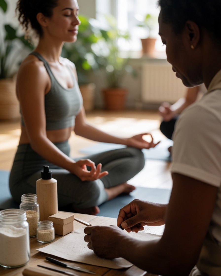 Une femme en tenue de sport médite en position de lotus sur une couverture dans un studio lumineux avec plantes, tandis qu'une thérapeute prend des notes à côté.