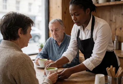 Une barista sert une tasse de café vert à une cliente dans un café en bois, illustrant le service en action et l'attention client.