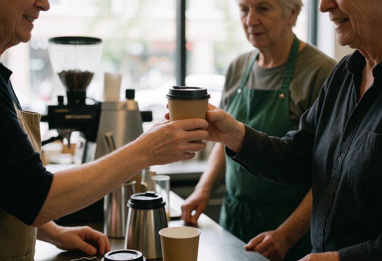 Un barista souriant sert une tasse de café à un client dans un café moderne, créant une ambiance chaleureuse et conviviale.