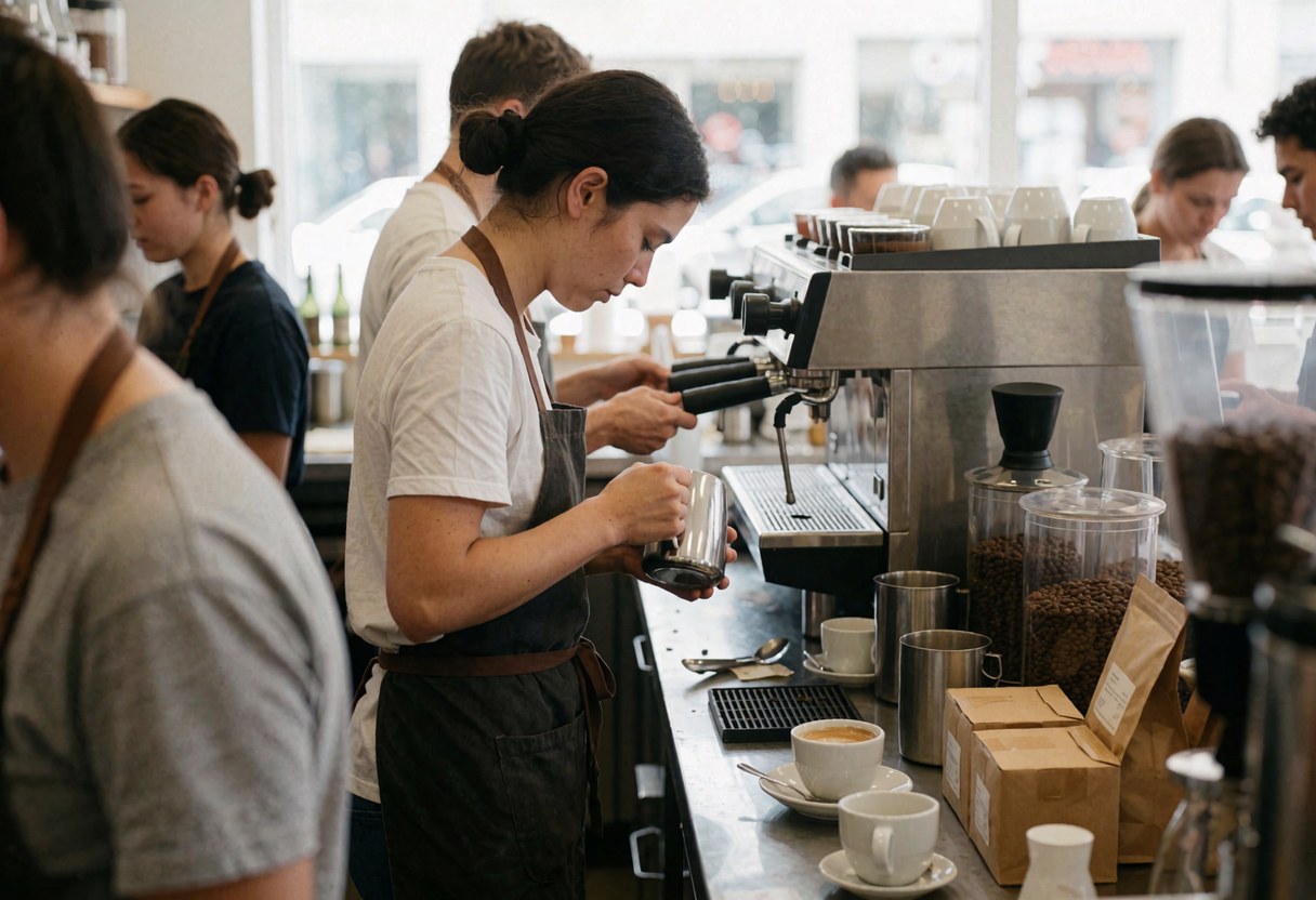 Un barista prépare un café au lait à l'aide d'une machine professionnelle, entouré de grains de café et de tasses prêtes dans un environnement moderne.
