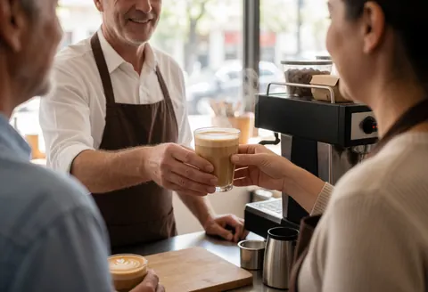 Un barista prépare un café chaud pour un client dans une cafétéria, avec une machine à café et de la vapeur visible.