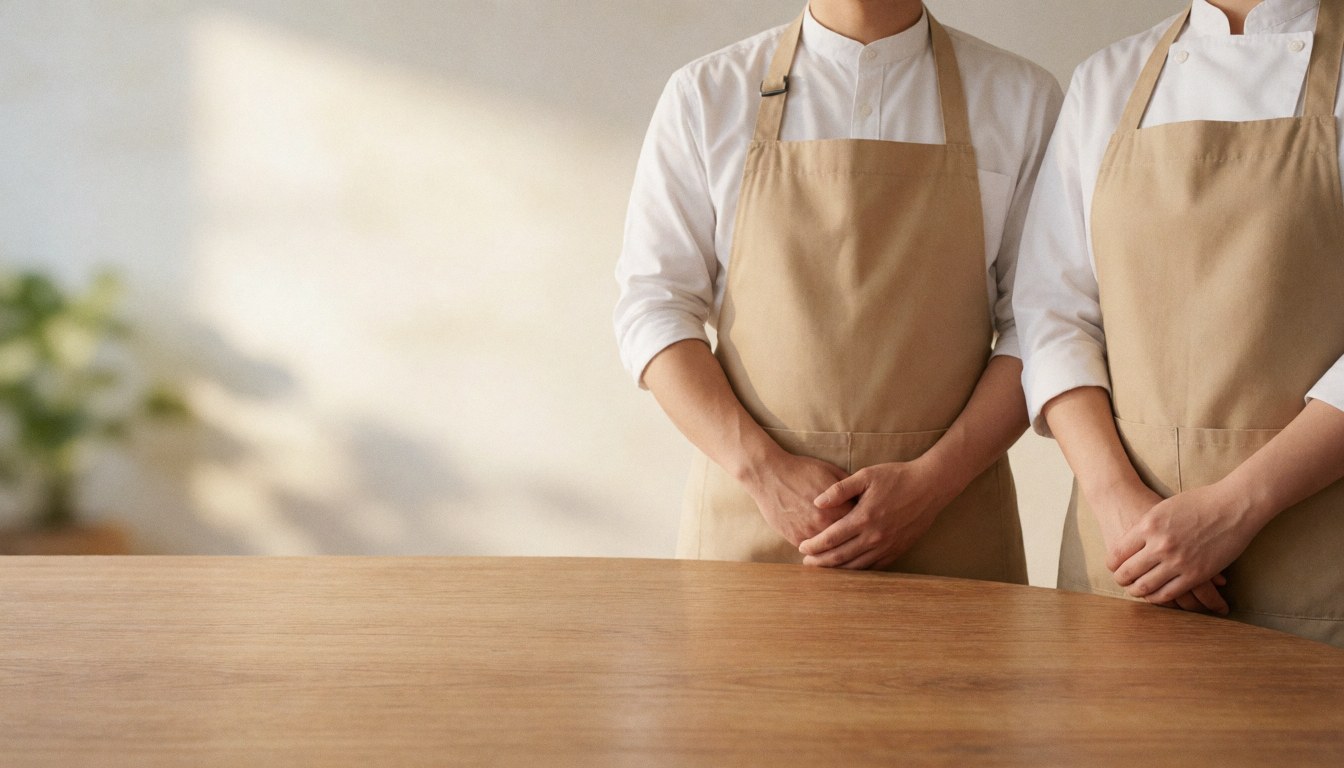 Surface de table en bois au premier plan avec un effet de flou artistique, servant de fond neutre et texturé pour l'ajout de texte.
