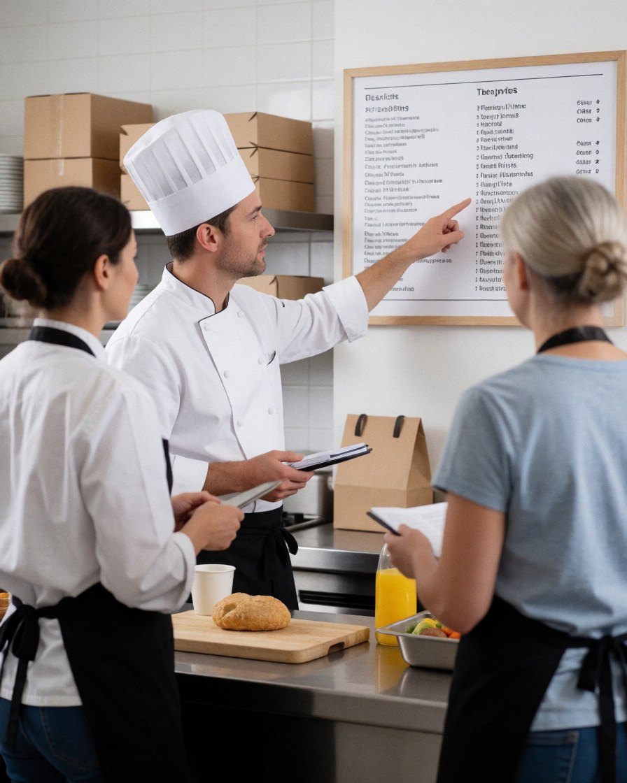 Un chef en uniforme blanc pointe vers un tableau noir de menu tandis que deux employés, l'un avec une tablette et l'autre avec un téléphone, observent dans une cuisine professionnelle.