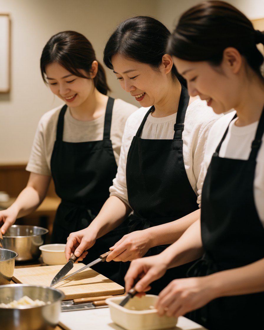 Trois femmes souriantes coupent des ingrédients avec des couteaux sur des planches, portant tabliers noirs et t-shirts blancs dans une cuisine éclairée.