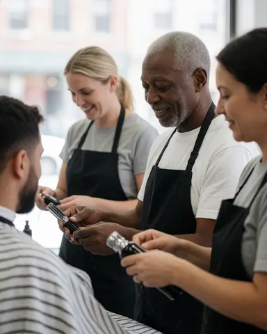 Trois barbiers travaillent dans un salon, l'un coupe les cheveux d'un client tandis que les autres préparent des outils, tous avec des expressions amicales et dans un environnement professionnel.