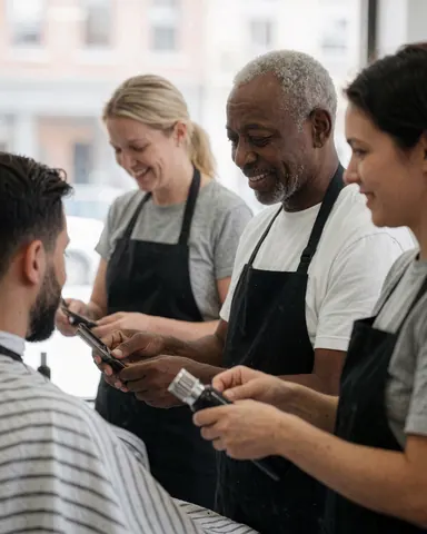Trois barbiers travaillent dans un salon, l'un coupe les cheveux d'un client tandis que les autres préparent des outils, tous avec des expressions amicales et dans un environnement professionnel.